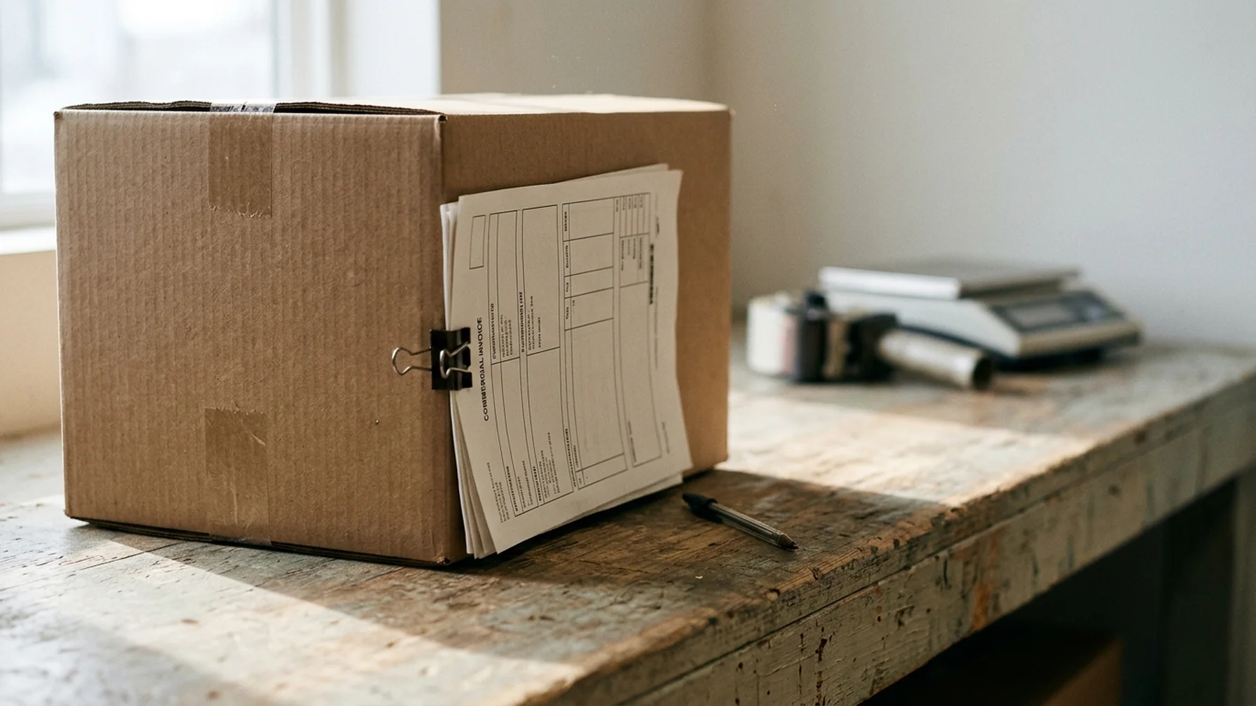 Close-up of a commercial invoice and packing list clipped to a cardboard export carton on a warehouse bench, HS code column visible, natural window light.