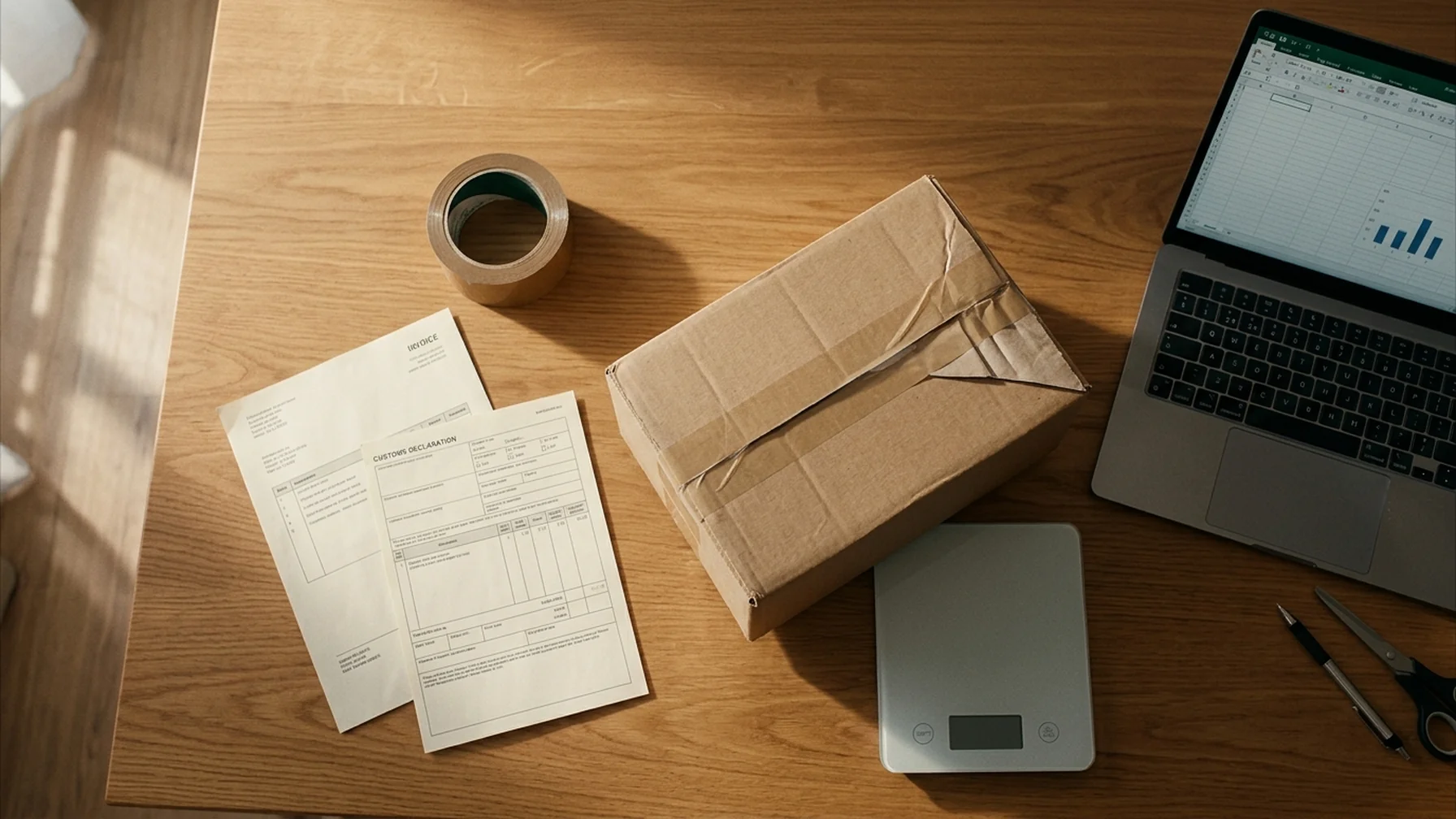 A small parcel on a wooden packing table beside a printed commercial invoice, a customs declaration form and a roll of tape, with a laptop showing a spreadsheet of line-item costs