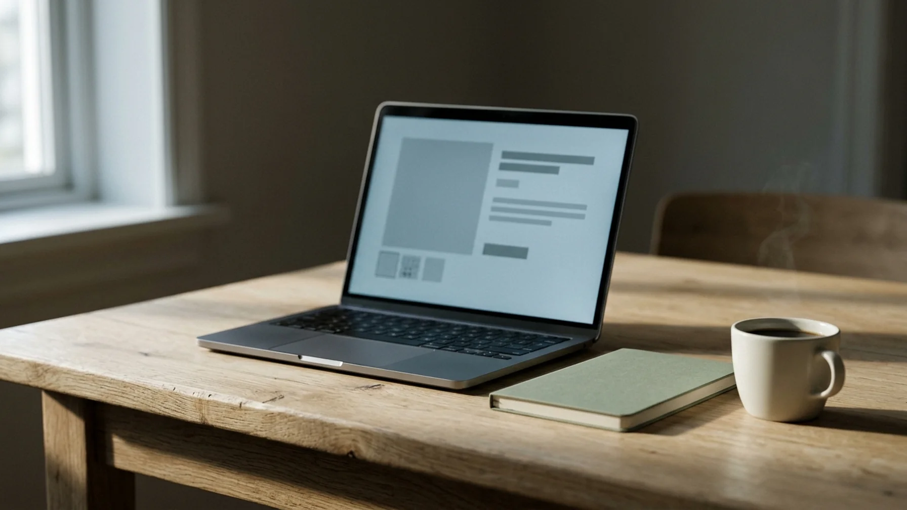Laptop on a kitchen table showing a product page with a price in euros, a size chart and a delivery date, a notebook and coffee cup beside it.